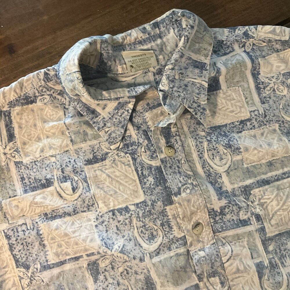 Go Barefoot Shirt Mens Large Blue Hawaiian Print Short Sleeve Button Front USA